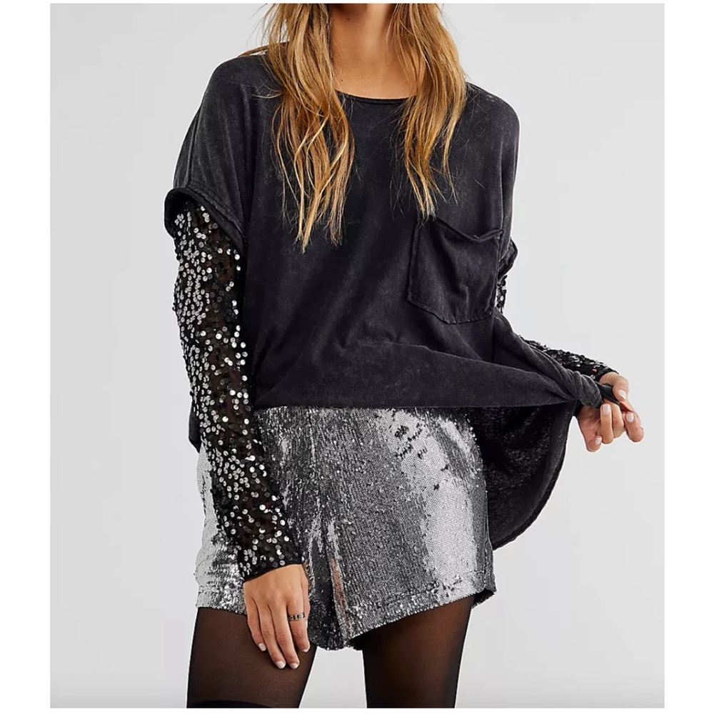 Free People Black Long Sleeve Sequin Accent Tee